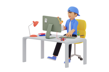 Personagem usando um computador de mesa